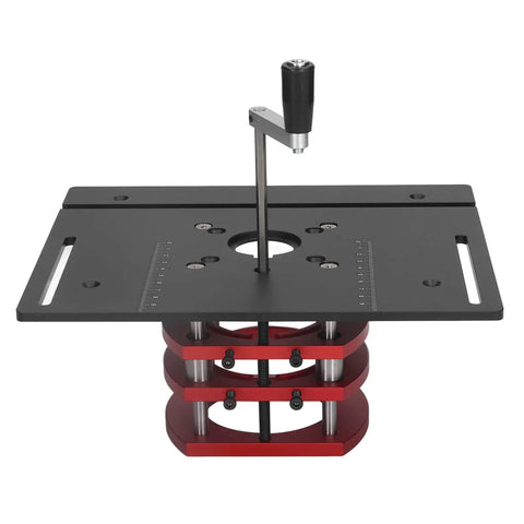Top Tier Manual Router Lift Kit Featuring Quick Setup Router Table Mount And Secure Clamp Insert Base Plate For Hella Accurate Professional Woodworking Projects In Matte Black Finish, top view showing adjustable height mechanism.