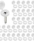 50 Pack White Plastic Hinged Screw Cover Caps For 4mm Hole Screws, 13mm Outer Diameter, Snap On Flip Top Covers, arranged in rows