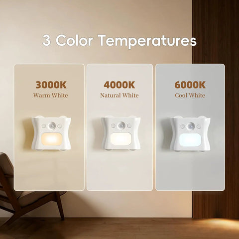 Motion Sensor Light Indoor with Remote, Rechargeable Wireless LED Sconce showing 3 color temperatures: Warm, Natural, and Cool White.