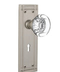 Old School Mission Plate With Keyhole And Round Crystal Glass Knob For Passage Doors Two And Three Quarter Inch Backset Satin Nickel