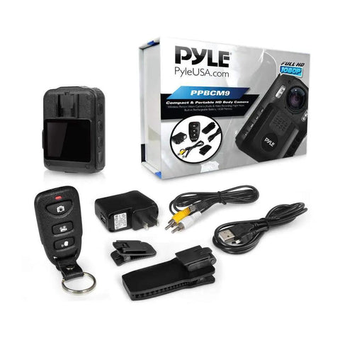 Portable Body Camera For Security Pros Gear Up With Wireless Wearable HD Video And IR Night Vision Built In Rechargeable Battery LCD Display 16GB Memory Easy USB File Transfer showing camera, accessories, and packaging.