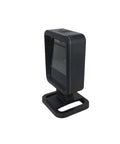 Side view of Flexible Hands Free Presentation Barcode Scanner 1D 2D And PDF417 with USB Cable and large reading window on stand.