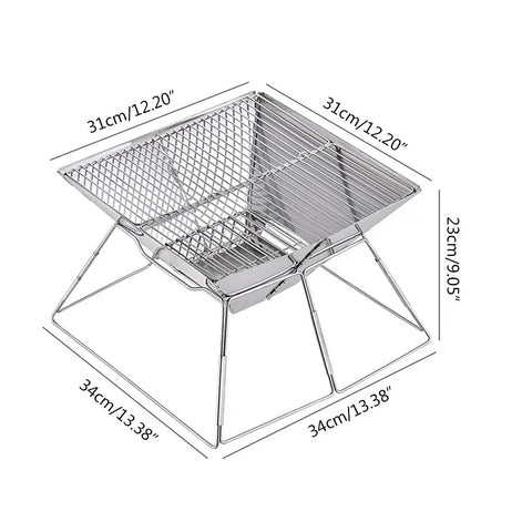 Ultra Lightweight Portable Folding Camping Grill with dimensions and stainless steel design for outdoor adventures.
