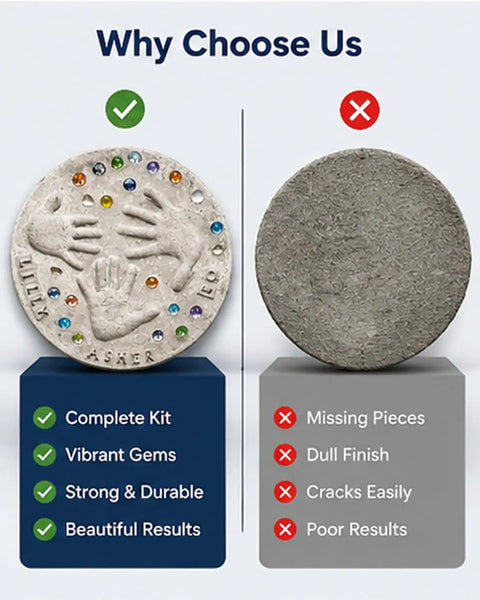 Comparison of DIY Handprint Stepping Stone Kit For Garden Easy No Mess Large 14 Inch Cement Footprint Stone Concrete Mold with vibrant gems versus plain stone.