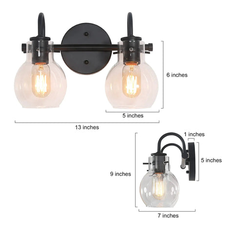 Black 2-Light Vanity Light Fixture With Clear Glass Shades, Dope Modern Farmhouse Bath Lighting dimensions shown