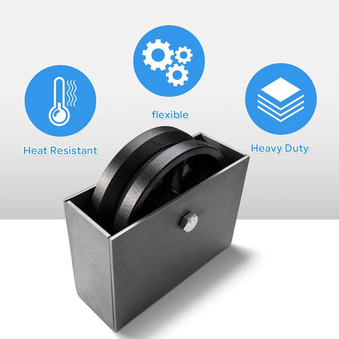 Built Like A Tank 6 Inch By 2 Inch Cast Iron V Groove Sliding Gate Wheels With Welded Bracket Box in packaging showing heat resistant features.