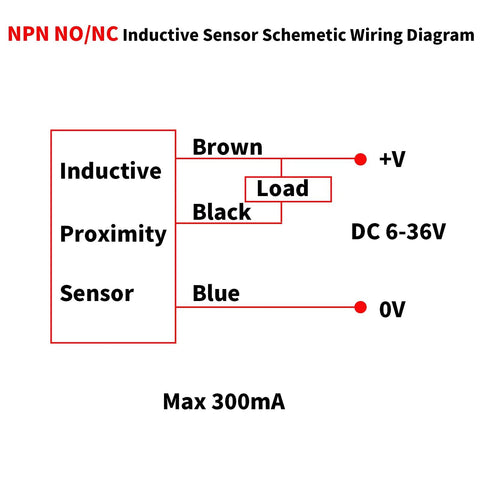 Wiring diagram of Five Pack NC Normally Closed Inductive Proximity Sensor Switch M8 Detector with NPN Output DC 6-36V