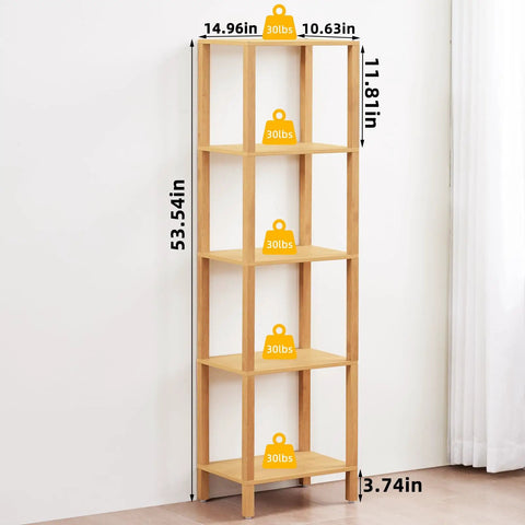 Five Tier Tall Narrow Bookshelf Takes Up Zero Floor Space While Holding All Your Favorites In A Smooth Natural Finish, 53.54 in tall.