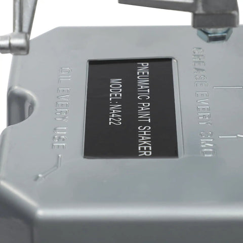 Close-up of the Solid As A Rock Air Operated Paint Shaker featuring model NA422 and maintenance instructions.