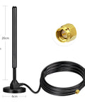 Amp Up Your Signal Fast With This Beefy 4G LTE Cellular Antenna Featuring A Heavy Duty Magnetic Mount Pure Copper Core And Serious Wide Band Gain For Trucks Routers And Dash Cams. Image shows a 20cm tall black antenna with a magnetic mount and connecting cable.