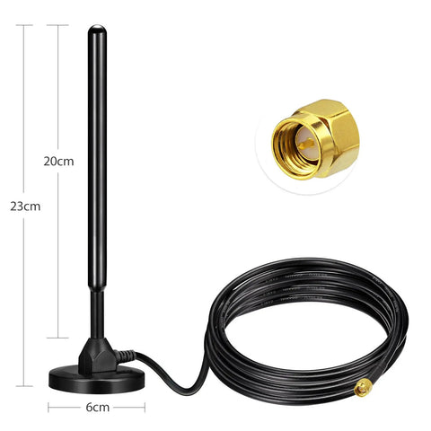 Amp Up Your Signal Fast With This Beefy 4G LTE Cellular Antenna Featuring A Heavy Duty Magnetic Mount Pure Copper Core And Serious Wide Band Gain For Trucks Routers And Dash Cams. Image shows a 20cm tall black antenna with a magnetic mount and connecting cable.