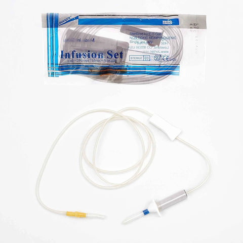 JorVet universal IV infusion set with 72-inch tubing, luer connectors, roller clamp; sterile single-use.