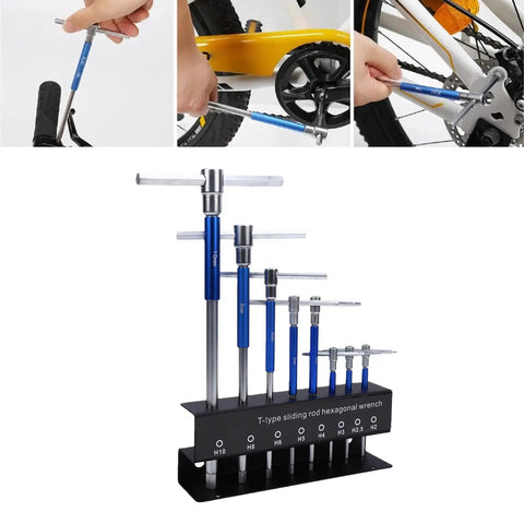 Top Tier Chrome Vanadium T Handle Hex Wrench Set Featuring Non Slip Metric Ball End Keys In 2 Through 10mm Sizes Perfect For Heavy Duty Automotive Bike Repairs And Furniture Fixes With A Handy Portable Storage Box, shown on bike repair stand