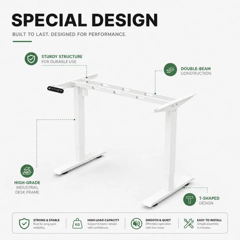 Built Like A Tank 55 Inch White Electric Standing Desk With Height Adjustable Reinforced Frame and Smart Memory Buttons, T-shaped legs and high load capacity.