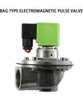 Front view of G1 inch diaphragm pulse valve with green DC24V solenoid on metal body; DN25 inlet.