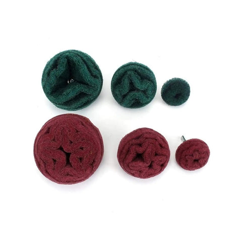 Six Piece Nylon Buffing Mushroom Wheels Set With Assorted 2 Inch 3 Inch And 4 Inch Sizes For Polishing And Cleaning Metal Surfaces.