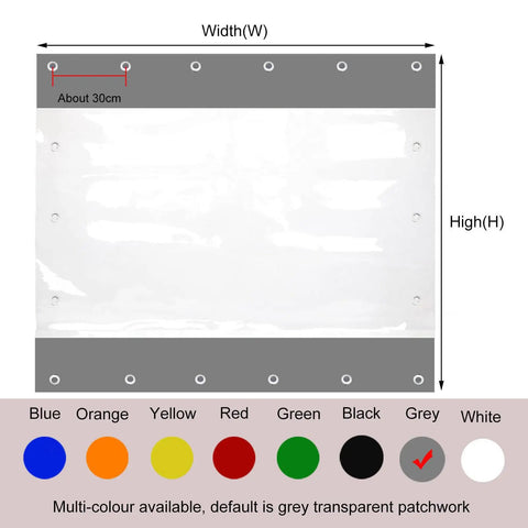Kickass Clear PVC Tarp Curtains With A Seamless Zipper Door And Heavy Gauge Grommets showing dimensions and grommets.