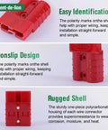Close-up of Top Shelf 10 Piece Battery Cable Connectors Rated For 600 Volts And 50 Amps Heavy Duty Quick Release Plug And Play Terminals in red.