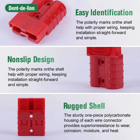 Close-up of Top Shelf 10 Piece Battery Cable Connectors Rated For 600 Volts And 50 Amps Heavy Duty Quick Release Plug And Play Terminals in red.