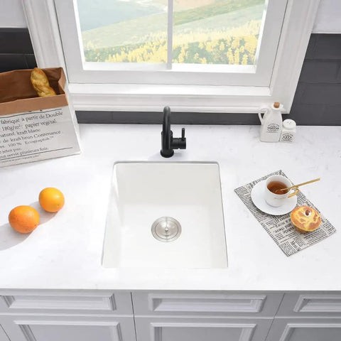 Undermount White Bar Sink 15x17 Deep Single Bowl For Wet Bar And RV Kitchen, Quartz Composite, top view in modern kitchen