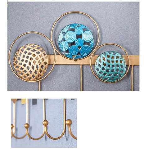 Heavy Duty Wrought Iron Wall Decor With A Dope Partition Rack And Coat Hook This Hand Painted Blue Gold Storage Organizer detail of decorative hooks and round shelves.
