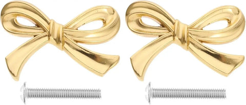 Two Piece Gold Bow Knob Set For Dresser Cabinets And Cupboards Vintage Metal Hardware, screws included, front view