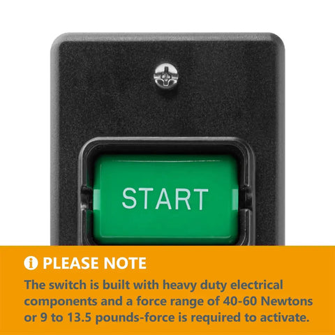 Close-up of dual voltage paddle switch for woodworking tools 120 to 230V, showing START button and mounting screw.