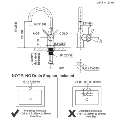 Technical diagram of Brushed Gold Bar Sink Faucet With Single Hole And One Handle Ideal For Small Kitchens Wet Bar Or RV Sinks Eleven Inch Tall With Seven Inch Spout Reach 360 Degree Rotation One Point Four Inch Hole Size.