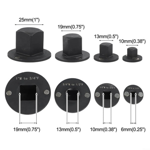 Huge Savings On These Compact Low Profile Socket Adapter Sets Made From Heat Treated Steel For Impact Drivers To Hit Tight Spots With Ease And Strength In Your Garage, 4-piece adapter set with sizes 1" to 1/4"