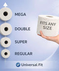 Free Standing Toilet Paper Holder With Storage That Holds Mega Rolls Black Modern Bathroom Organizer Space Saving Toilet Paper Stand Easy Access Tissue Holder On Deck showing comparison of toilet paper roll sizes with "Fits Any Size" label in hand.