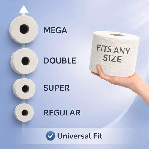 Free Standing Toilet Paper Holder With Storage That Holds Mega Rolls Black Modern Bathroom Organizer Space Saving Toilet Paper Stand Easy Access Tissue Holder On Deck showing comparison of toilet paper roll sizes with "Fits Any Size" label in hand.