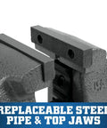 Close-up of the Beefy 4 Inch Bench Vise With 360 Degree Swivel Base, replaceable steel jaws visible on the gray cast iron build.