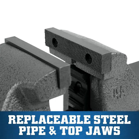 Close-up of the Beefy 4 Inch Bench Vise With 360 Degree Swivel Base, replaceable steel jaws visible on the gray cast iron build.