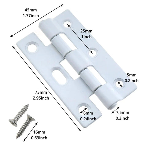 Badass White Trifold Butt Hinges For Cabinet Doors And Wooden Toolboxes Rustproof Iron Hardware detailed measurements and screws shown
