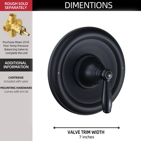 Pressure Balancing Tub And Shower Trim Kit For Posi-Temp Valve In Matte Black, Durable Metal Construction, Easy-Adjust Lever Handle With Red Blue Temperature Indicator, Aftermarket Trim Kit Only, Valve Not Included