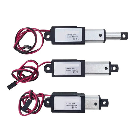 Three 12V DC Linear Actuators with 10/15/20/25mm Stroke, Silver Finish, Ideal for Smart Home Automation and Controls