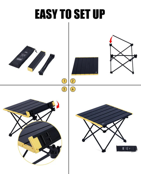 Ultralight Camping Folding Table With Carry Bag, Durable Aerospace Grade Aluminum, step-by-step quick setup instructions, black, small size.