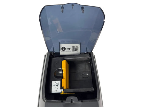 Open lid of Sick Dual Sided Color Identity Card Badge Printer With Kick Butt Thermal Dye Sublimation 300 Dpi Resolution, showing reel and slots.