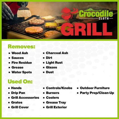 Crocodile Cloth Grill wipes from Amazon; GRILL text with removal and use lists; plant-based with aloe and vitamin E