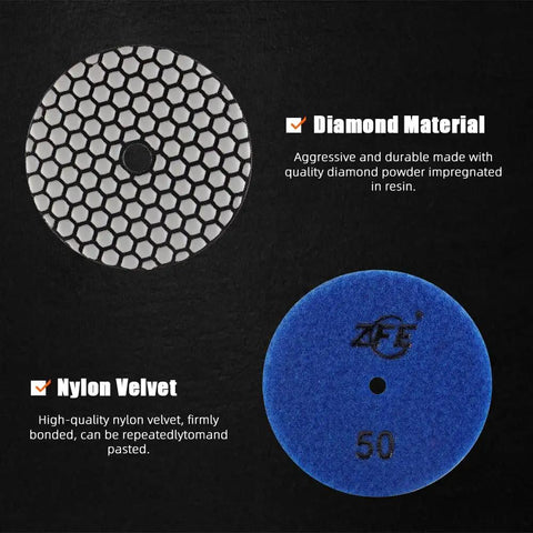 Pro Grade Diamond Polishing Pads Set 9 Pcs 4 Inch 100mm Dry N Wet Polishing Pads With 5/8-11 Backing Plate, diamond and nylon pads