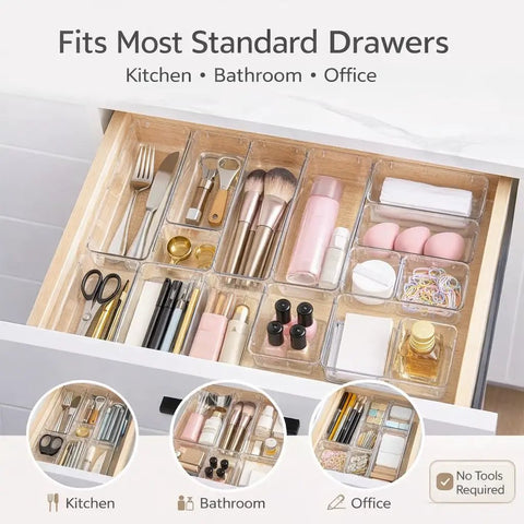 Organized drawer with 13 Piece Clear Drawer Organizer Set For Bathroom And Kitchen, modular plastic bins holding various items neatly.