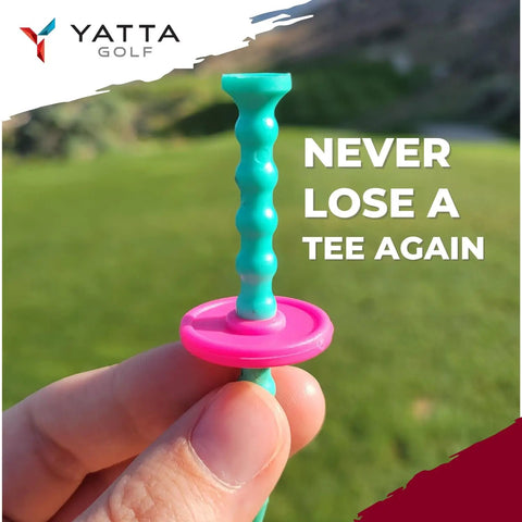 Hand holding a Telos Adjustable Golf Tee in Lucky Green with an easy height disc, promising consistent drives and lower scores.