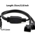 12V DC Power Supply And Fan Controller splitter cable with two 3-pin and 4-pin connectors, 35cm length, 5.5*2.1mm plug