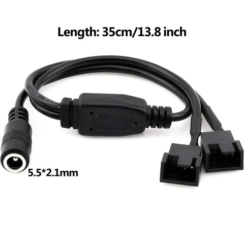 12V DC Power Supply And Fan Controller splitter cable with two 3-pin and 4-pin connectors, 35cm length, 5.5*2.1mm plug