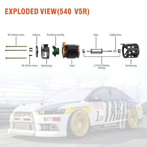Exploded view of High RPM 540 V5R Sensored Brushless RC Motor 17.5T 2500KV For 1 To 10 Scale Racing Cars With 3.175mm Shaft