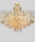 Sleek Crystal Ceiling Pendant Light With Modern Designer Shape And Energy Efficient Led Bulbs For Living Room Or Dining Area, gold and crystal design.