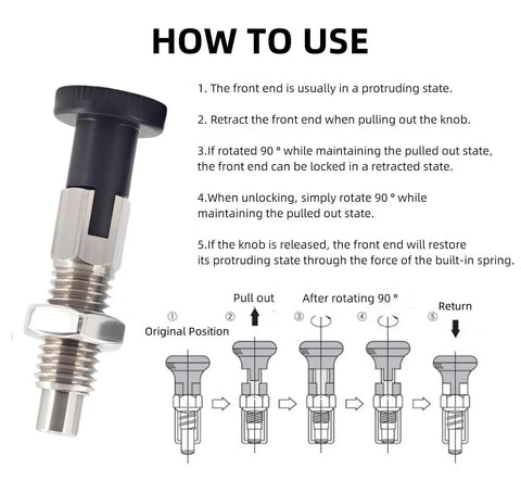 Instructional guide for using 2PCS Rock Solid Push Fit Ball Nose Spring Plungers, M10x1.5 with steps and diagram.