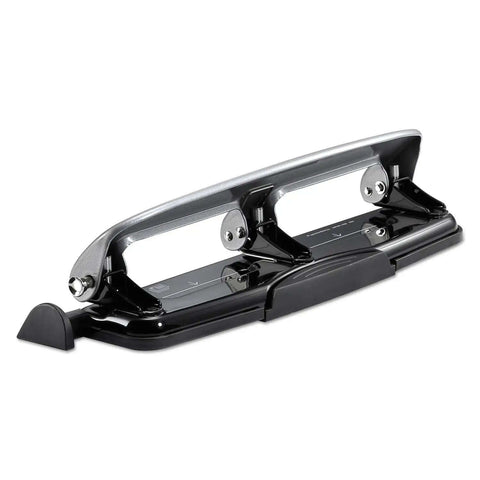 EZ Squeeze 12 Sheet Three Hole Punch With No Jam Tech, all metal office punch for 12 sheets, silver and black, side view