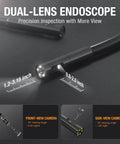 Dual Lens Endoscope With Light For Home And Auto Fixes, close-up of camera lens, flexible cable with front and side view cameras, dimensions shown