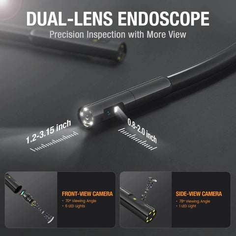 Dual Lens Endoscope With Light For Home And Auto Fixes, close-up of camera lens, flexible cable with front and side view cameras, dimensions shown